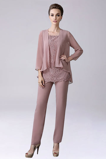 Dusty Rose 3 Piezas Gasa Madre de la Novia Trajes Pantalón